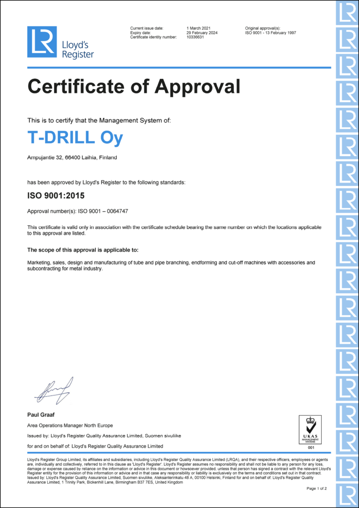 T-DRILL Certificate of Approval for Management System ISO 9001:2015